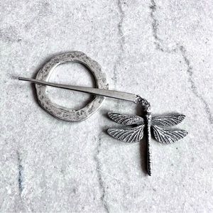 Dragonfly shawl or sweater pin, silver tone metal.